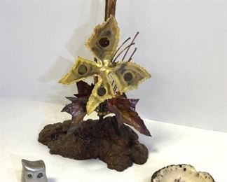 MCM Decor Small Heavy Owl Signed, Floral Paperweight, Seventies Torch Cut Brass Butterfly, Stump
