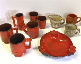 MCM Frankoma Pottery Ashtray, Mugs, And Cups  Two Pieces Not Marked Frankoma See Photos