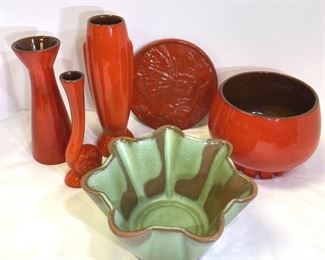 MCM Frankoma Pottery Butterfly Trivet, 3 Vases, 2 Planters