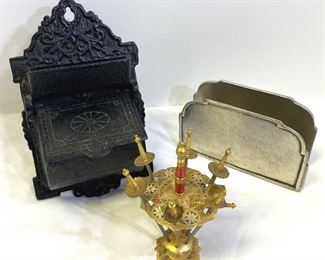 MCM Vintage Toledo 6 Sword Brass Cocktail Toothpick Set, Pewter Napkin Holder