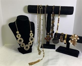 Modern Gold Toned Jewelry, Monet Bracelet Necklace, Tigers Eye Brass  Wood Beaded Bracelet  More