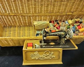 Sewing Lot And Wicker Basket