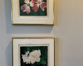 Watercolor prints framed in brass frames