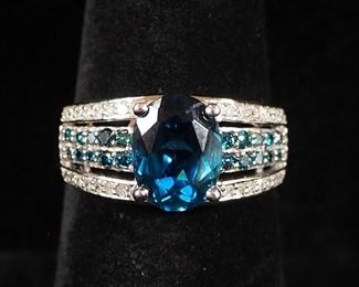 10K White Gold Oval Cut Blue Topaz And Diamond Ring, Approx 1.5 Carat 9x7mm Blue Topaz, Size 7
