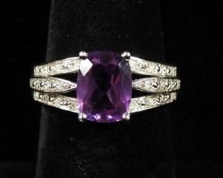 10K White Gold Oval Cut Amethyst And Diamond Ring, Approx 1.5 Carat 9x7 Amethyst, Size 6 3/4
