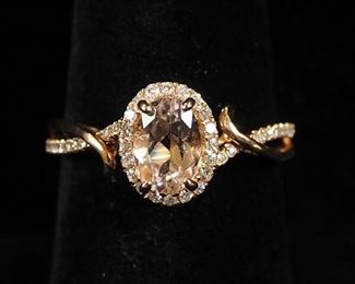 10K Rose Gold Oval Cut Morganite And Diamond Ring, Approx 3/4 Carat 7x5mm Morganite And .16 TW Diamond, Size 7
