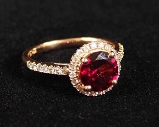 14K Rose Gold Round Cut Garnet And Diamond Ring, Approx 1 Carat 8mm Garnet, Size 7
