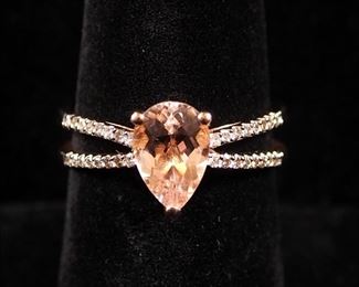 10K Rose Gold Pear Cut Morganite And Diamond Ring, Approx 1 Carat 8x6mm Morganite and .13 TW Diamond, Size 7
