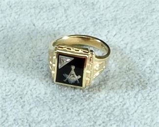 10K Yellow Gold Onyx And Diamond Masonic Ring, Size 8, Approx 5.90 g Total Weight

