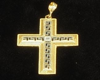 14K Yellow And White Gold Greek Key Cross Pendant, Approx 2.14 g Total Weight
