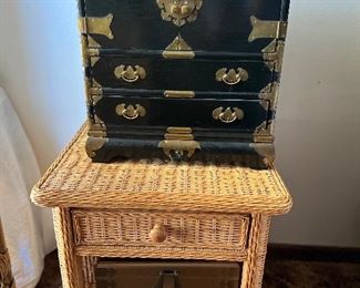 Vintage Asian Chest &                                                                                                       Vintage Rattan Table 21w x17.5d x21h