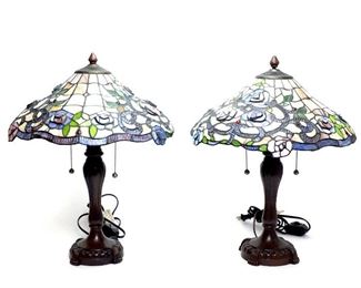 Pair of Tiffany Style Leaded Glass Shade with Inset Jewels.