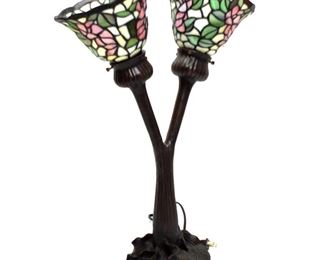 Vintage Tiffany Style Leaded Glass Double Light Table Lamp.