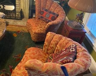 Hollywood Regency style high back fainting chairs. 35" X 36" X 33"