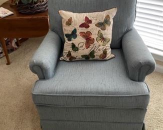 Pair of light blue upholstered club chairs + ottoman. $250 all 3 pieces