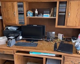 Oak computer desk, printer, lap top 2 screens, key boards, etc.