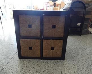 Black Wood 4 Cube Storage with Woven Baskets 