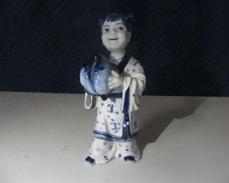 Vintage Hand Painted Blue/White Asian Chinese Girl with Pumpkin Porcelain Figurine