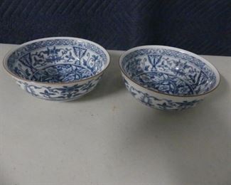 Vintage Andrea by Sadek Made in Japan Pair of Blue/White Gold Trim Porcelain Bowls