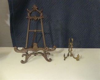 Vintage Cast Iron Cookbook Stand/Table Easel and Brass Plate Stand
