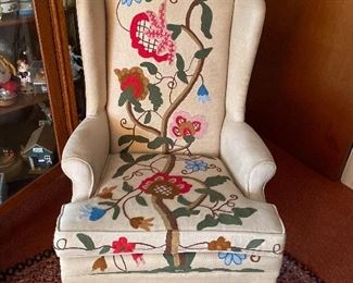 Hand made crewel work wing chair