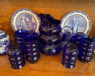 Vintage cobalt blue pitcher & glasses