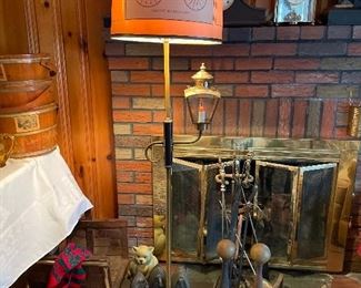 Vintage 3 way floor lamp & antique end irons