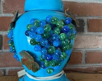OMG!!BRIGHT AND FANCY TURQUOISE BLUE LIDDED LIGHT WITH GLASS GRAPES! OH LALA