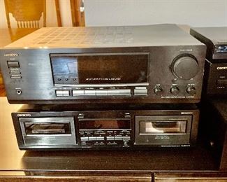 Onkyo dual cassette tape recorder is on the bottom. On top of the recorder is the Onkyo AM-FM tuner.