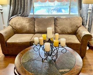 This couch is 90" long and was purchased at Haverty's. The next picture shows the matching loveseat.           
 The coffee table is 42" in diameter. Both are in great condition.