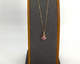 Gold 14K Box Chain Necklace with Pink Quartz Pendant