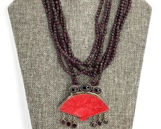  Beaded Necklace with Red Fan Pendant