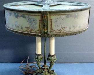 Antique French Rainaud Reverse Painted Figural Bouillotte Table Lamp, 25" Tall, Powers On