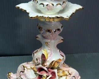 Capodimonte Gold Trimmed Floral Candle Stick, 9" Tall With Matching Hand Bell