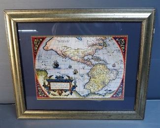 Americae Sive Novi Orbis Spanish World Map, Framed Matted Under Glass, 20" x 24"