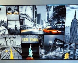 Framed New York City Photo Collage Under Glass, 24" x 35.5", And Time Pilot Marquee Framed Sign, 8.5" x 23"
