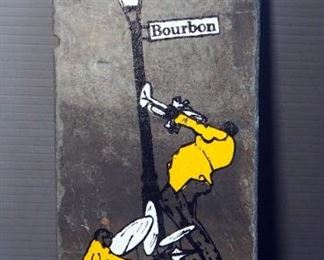 E. Sorrow Jazz Painting On Particle Board, 23" x 18" And Hand Painted Bourbon Street Scene On Slate Tile, Signed By Artist, Keu 12" x 4.5