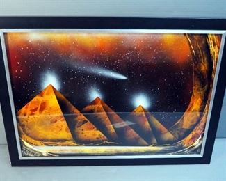 Pyramids Under The Stars Painting, Unknown Artist, Framed Under Glass, 16.5" x 22.5"