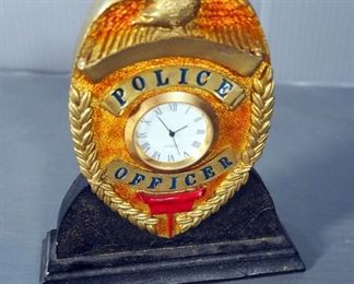 Vintage Brass Desk Top Magnifying Glass, Universal Rubber Ink Stamp Holder And Police Officer Desk Top Badge