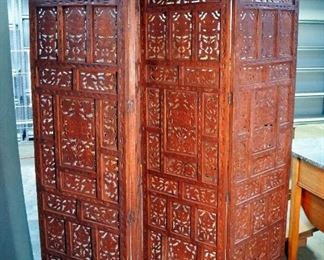 Carved Wood 4 Panel Room Divider / Dressing Screen, Each Panel Measures 72" x 20"
