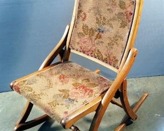 Antique Folding Wood Rocking Chair With Tapestry Back And Seat