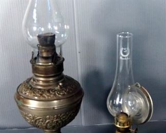 Antique Brass Yale Oil Lamp With Glass Chimney , Levent # 5 Wall Mount Oil Lamp, 18", 12.5"