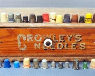 Crowleys Needles Wood Storage Box Including Antique Thimble Collection, Qty 28
