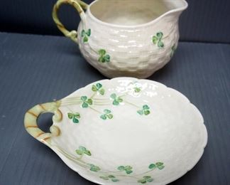 Belleek Green Shamrock Short Bucket, Small Oval Bowl, Flared Vase 8" Tall, Sugar Bowl, And Creamer, Total Qty 7