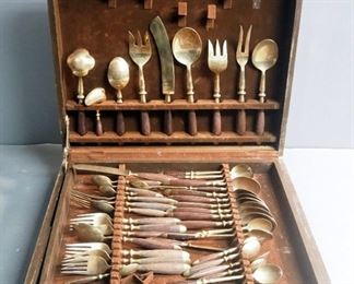 Vintage Cutlery Set In Wood Box With Wood Handles, Includes, Forks, Spoons, Knives, Serving Ware, Hors d'Oeuvres Forks