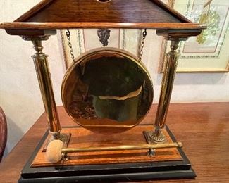 Antique Solid Brass Dinner Gong on Stand, with Mallet. English. Purchased from John Doughty Antiques in San Francisco. England