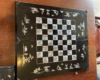 Asian Black Lacquer Chest Set. Has both chess and checkers  pieces, plus dice.