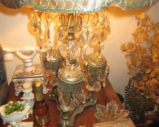 Hollywood Regency Gold Tone & Crystal Prism Lamps Vintage
