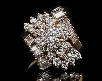 2.50 CARAT Diamond VS Clarity/G-H Color Baguette & Round Cluster Rainfall Estate Ring in 14k Yellow Gold; $9500 Retail *VIDEO*
