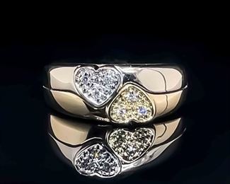 Diamond Pave Double Heart Two-Tone Ring in 14k Yellow & White Gold Sleek & Contemporary; $1,800 Retail
